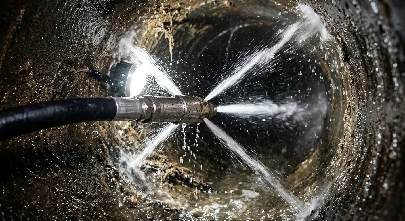 High-pressure hydro jetting nozzle cleaning sewer pipe for Emergency Drain Service in Valdosta