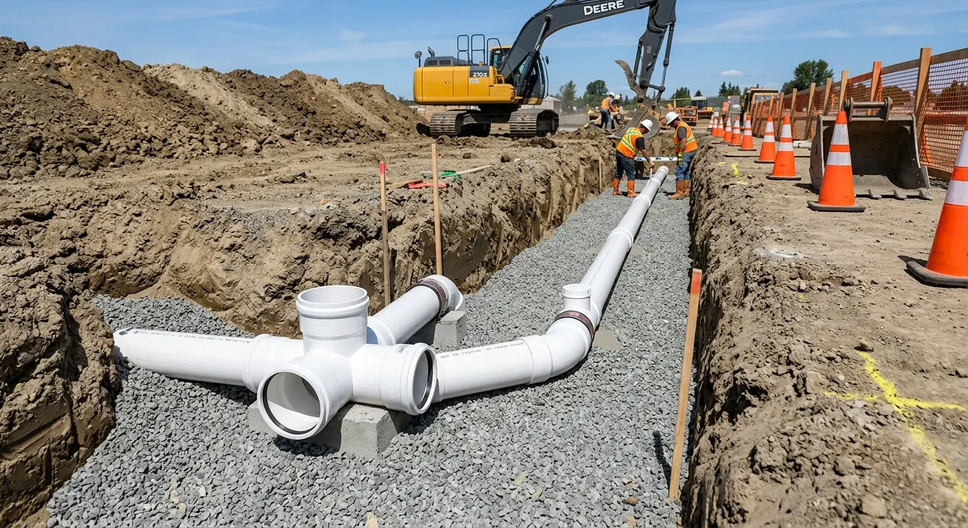 New PVC sewer pipe installation in open trench for Sewer Backup in Valdosta